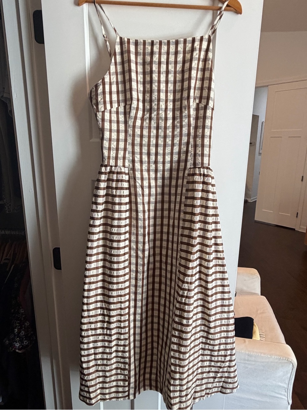 Jolie Cream & Brown Gingham Tie-Strap Midi Dress